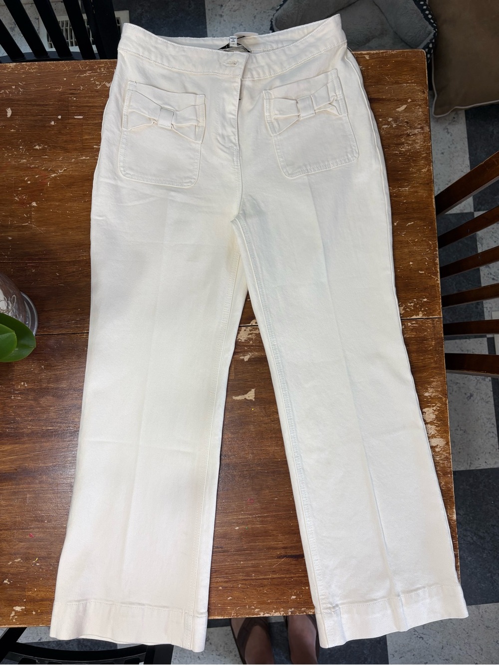 Joie Cream High-Waist Pants with Pocket Bow Detail